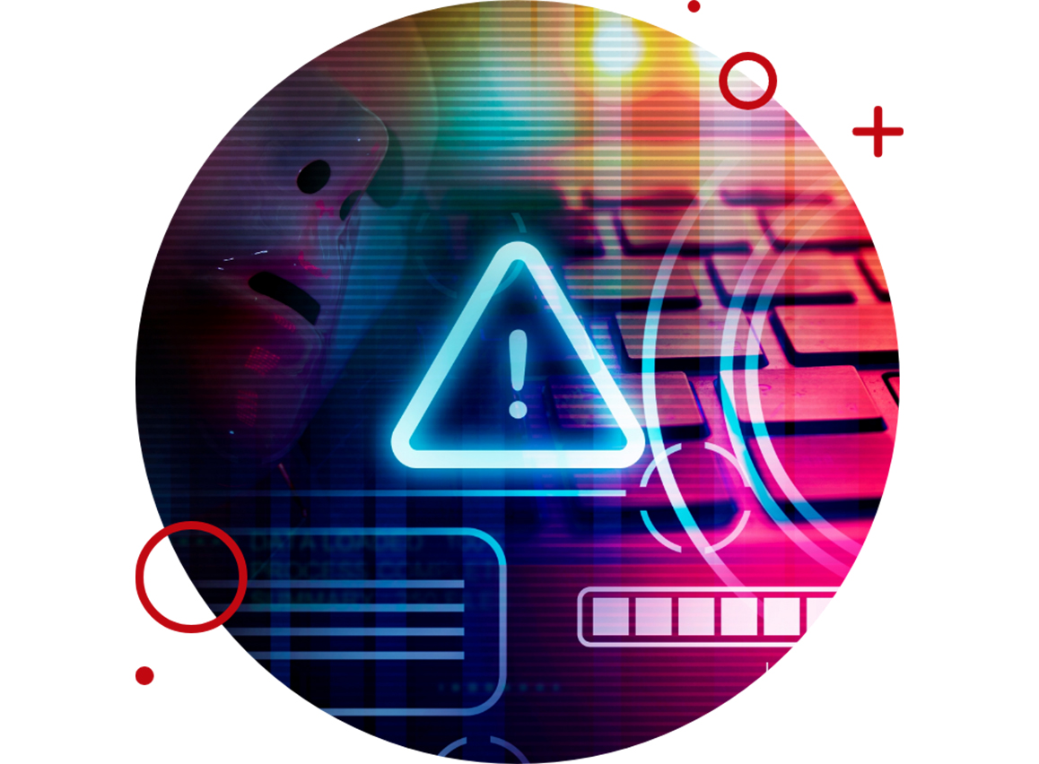 Abstract image featuring a warning symbol overlayed on a keyboard, symbolizing cybersecurity or alertness, with colorful digital effects.