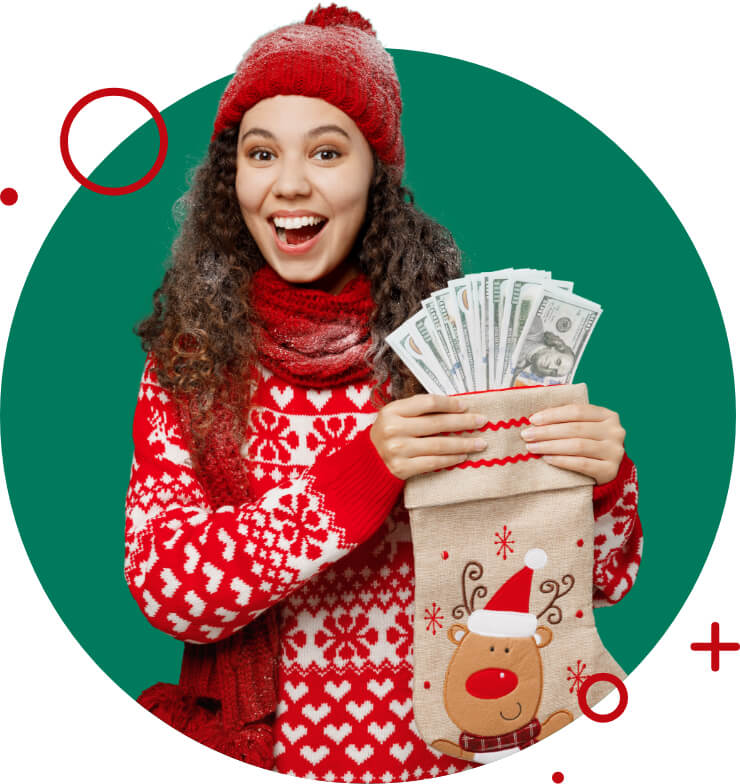 A cheerful person in a festive red sweater and hat holding a holiday stocking filled with cash, set against a green background with decorative red circles.